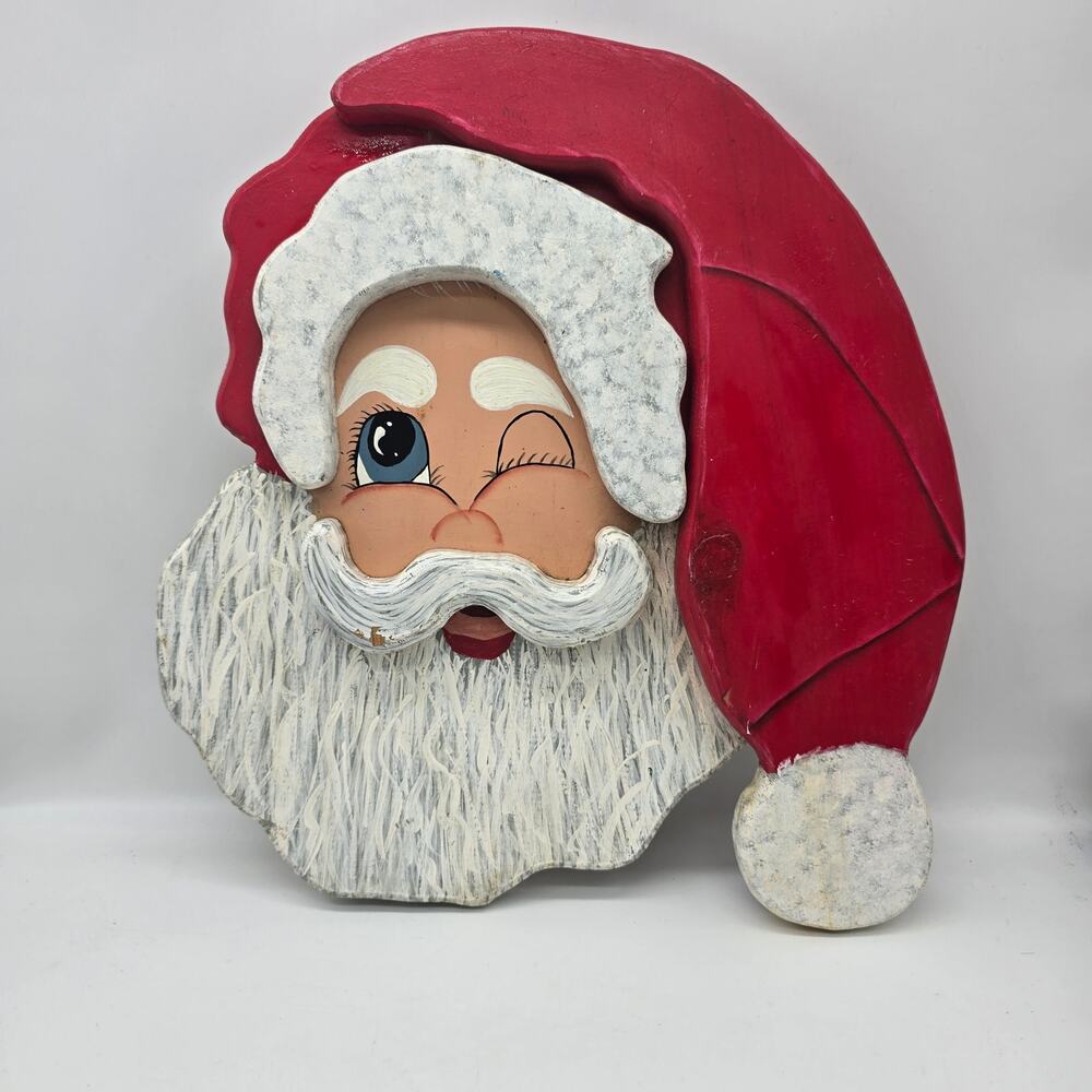 Vintage Hand Painted Winking Santa Wall Plaque Retro Holiday Folk Art Flaws